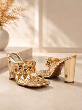 Gold Block Heel Chain Quilted Open Toe Mules For Women By Lovmark